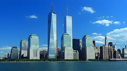 Obraz premium New York City skyline, iconic skyscrapers, modern architecture, clear blue sky, waterfront view, historic landmark, powerful structures, city horizon, commercial buildings, global center