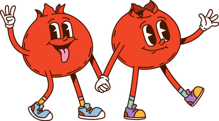 Cartoon groovy hippie cranberry berry characters with funny faces, vector friends. Groovy cranberry or lingonberry berries holding by hands with tongue out and smile for retro cartoon fruit characters