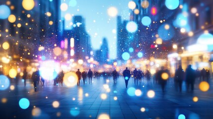 City Lights: A blurred, artistic depiction of a bustling cityscape at twilight. Abstract light bokeh add a whimsical element as silhouetted figures traverse the urban landscape.
