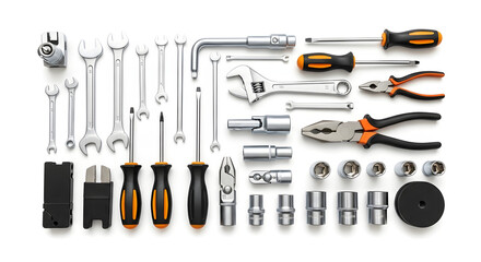 An organized collection of essential mechanic hand tools for repair work, displayed in a flat lay arrangement on a white background.