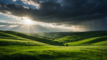 Sun Rays Breaking Through Clouds Over Green Hills