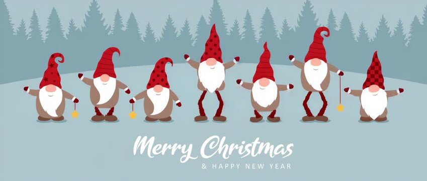 cute funny dancing christmas dwarf in winter illustrated animation