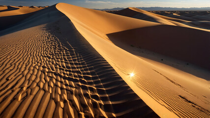 Golden Hour: Majestic Sand Dunes Under a Radiant Sky