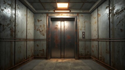Fototapeta premium Gritty Abandoned Elevator Shaft Interior with Rusty Metal Walls and Faint Overhead Illumination Creating a Gloomy Atmosphere