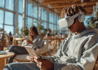 Young man using vr headset and tablet in modern cafe