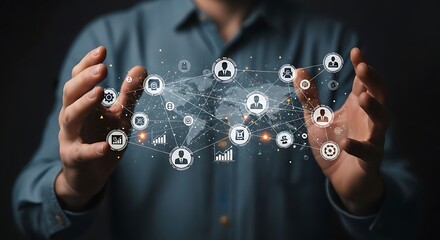 Human hands cupping a luminous holographic global network featuring interconnected user profiles and business data icons, symbolizing worldwide connectivity.