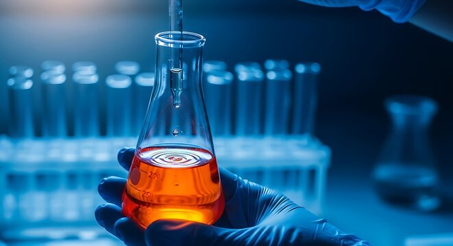 Scientist conducting chemical experiment with orange liquid in flask