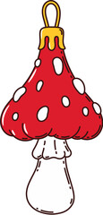 Christmas Fly agaric mushroom groovy decoration. Winter season holiday, New Year retro cartoon fairy decor element. Christmas tree amanita mushroom toy groovy isolated vector decoration