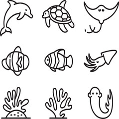 Ocean Animal Line Icon Set – Marine Wildlife Symbols from Coral Reefs to Deep Sea Creatures.png