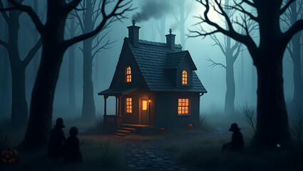 Halloween Tiny haunted cottage in a dense forest, glowing windows and smoke from the chimney, surrounded by shadowy figures and fog (3)