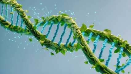 Fototapeta premium Green DNA helix with leaves and blue elements representing nature and biotechnology