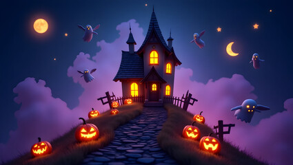 Halloween Tiny haunted house perched on a hilltop, surrounded by glowing pumpkins, flying ghosts, and swirling purple mist, with stars twinkling in the sky (1)