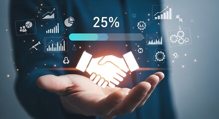 Human hand presenting a glowing white handshake icon with a blue progress bar and 25% text above, surrounded by various business and financial growth icons, symbolizing partnership and progress.