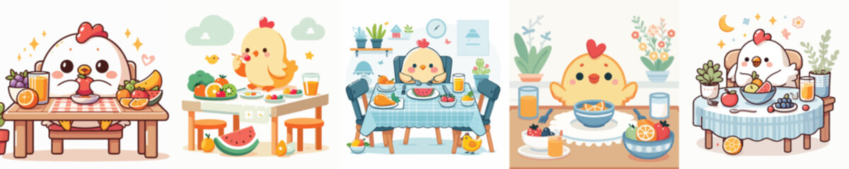 Obraz premium vector collection of cute chickens eating fruit