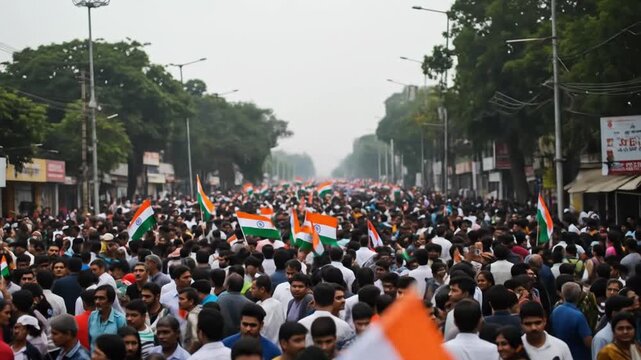 A vibrant crowd of people gathered, waving the Indian flag in unity.