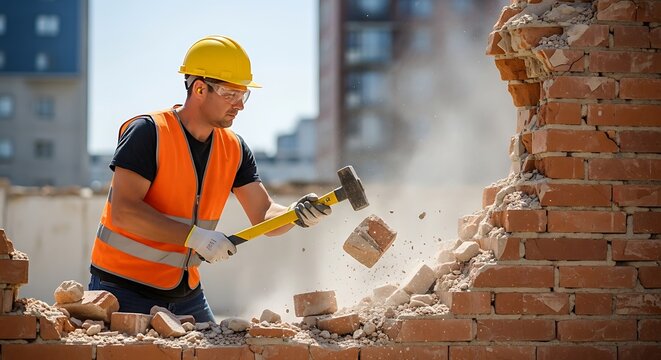 Construction worker demolishing brick wall with sledgehammer during building renovation project