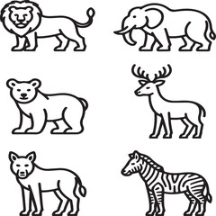Wild Animal Line Icons – Lion, Elephant, Bear, Deer, Wolf, and Giraffe Symbols in Minimal Outline Style.png