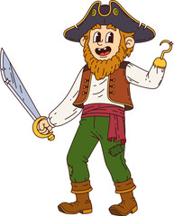 Cartoon groovy pirate or corsair character with hook hand and sword, vector personage. Funny groovy pirate captain or boatswain and skipper man with red beard in tricorne cocked hat with saber