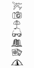 Minimilist doodle style travel icons arranged vertically including airplane camera umbrella and other travel items vector