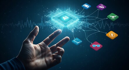 Human hand reaching towards a glowing AI processor chip, connected to a network of smart devices and futuristic technology icons.