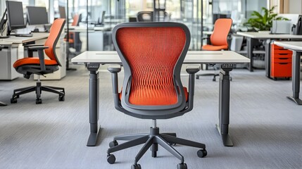 Meja kantor, kursi kantor, Modern and organized office interior with ergonomic chairs and height-adjustable desks ready for work.
