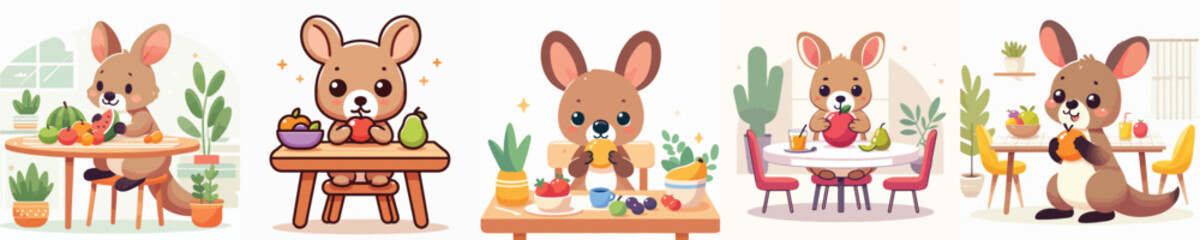collection of cute kangaroo vectors eating fruit