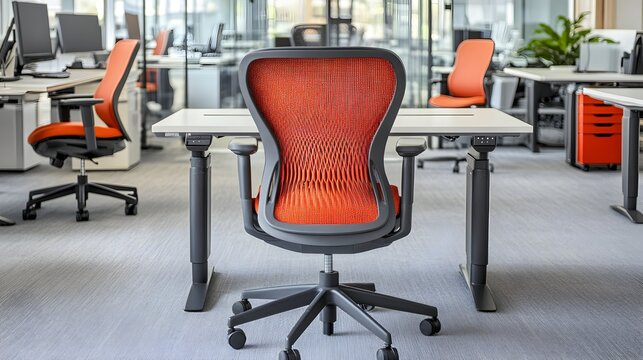 Meja kantor, kursi kantor, Modern and organized office interior with ergonomic chairs and height-adjustable desks ready for work.