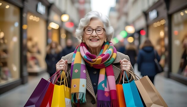 Happy elderly woman carrying shopping bags in the central of shopping mall area 