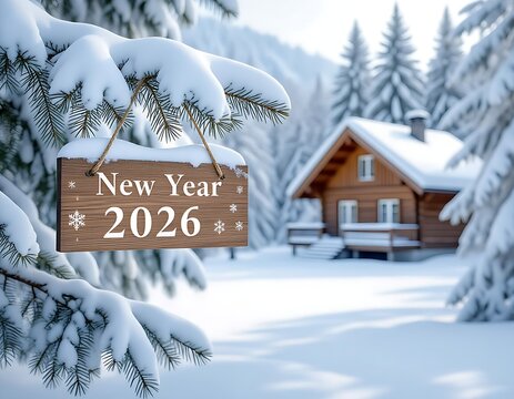 A snow-capped New Year 2026 wooden signboard hanging on a tree snowy branch against snow-covered cabin and pine tree in the winter forest