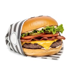 Fototapeta na wymiar Hamburger wrapped in a black and white striped paper bag with rounded sticker banner isolated on white background