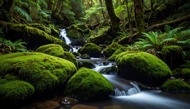 Lush green moss covers rocks surrounding a slow-moving stream in a deep forest