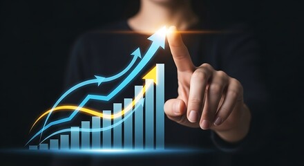 Human hand touching a vibrant glowing blue and yellow bar chart with multiple upward arrows, symbolizing business growth and financial success.