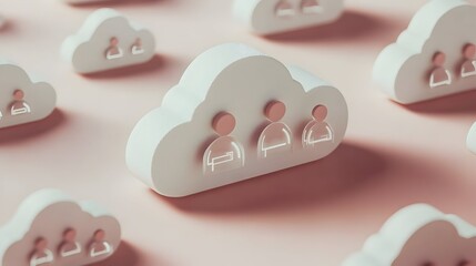 Softly rendered cloud forms with abstract user icons depict collaborative digital platforms and data sharing.