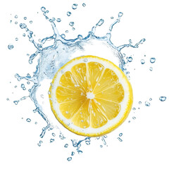 Lemon Slice Amidst Splash: A vivid, eye-level view captures a citrus slice at the heart of a dynamic water explosion, the fresh, juicy aesthetic making it irresistible.