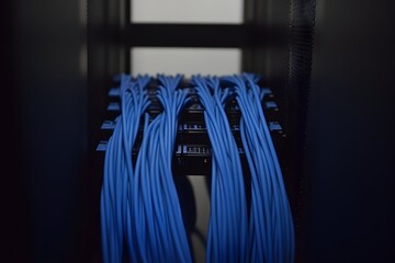Kabel jaringan, kabel berwarna biru, Vibrant blue network cables neatly organized in a server rack highlight the backbone of digital communication