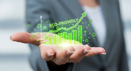 Professional hand presents a glowing eco-friendly growth chart with rising green bars and environmental icons, symbolizing sustainable progress.