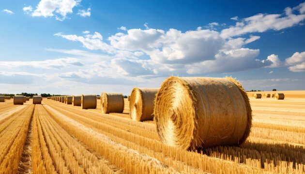 Round hay bales drying in the sun on a farm field under cloudy sky