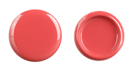 Two rounded, glossy, coral-colored circles, one flush, the other with a hollowed-out center,  appear as if 3D renderings