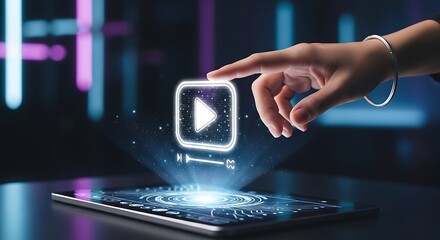 Hand reaching to touch a glowing holographic play button projected from a tablet with vibrant digital light trails.