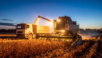 Obraz premium Combine harvester unloading grains into a truck at night