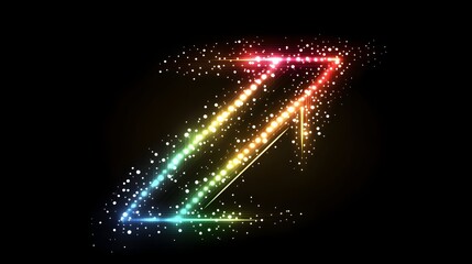 Vibrant neon light particles form a dynamic abstract arrow on a dark background