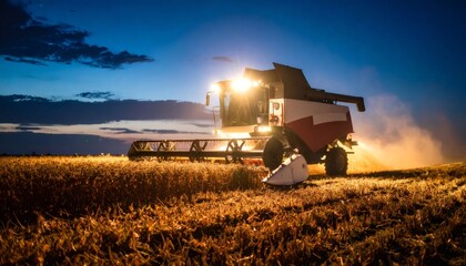 Obraz premium Combine harvester harvesting wheat at night with headlights on