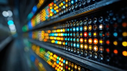 Illuminated server hardware in a data center, with rows of blinking lights and shallow depth of field. - Powered by Adobe
