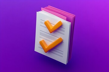 Vibrant orange checkmarks prominently displayed on a stack of white and pink papers symbolize successful task completion.