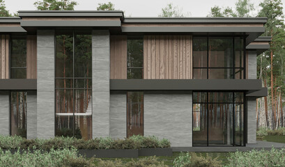 Luxurious modern building surrounded by trees with a mix of stone and wood materials, offering a blend of nature and urban living.