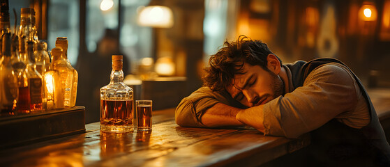 Lonely man battling alcohol addiction at bar