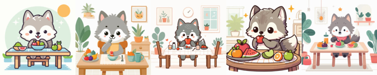 collection of cute wolf vectors eating fruit