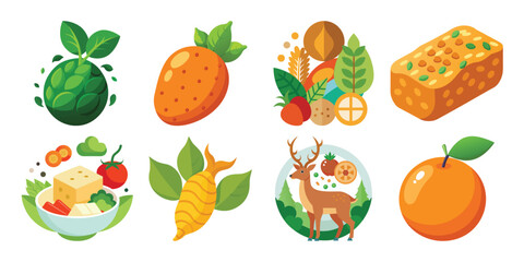 A Vector Vibrant Flat-Style Fruit, Vegetable, and Grain Icons: Healthy Eating Concept Illustrations on white background 