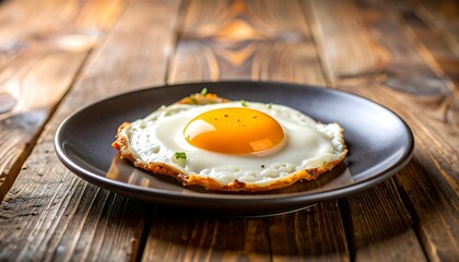 Fried egg on dark plate, rustic wood