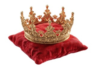 Golden crown resting on a crimson velvet cushion